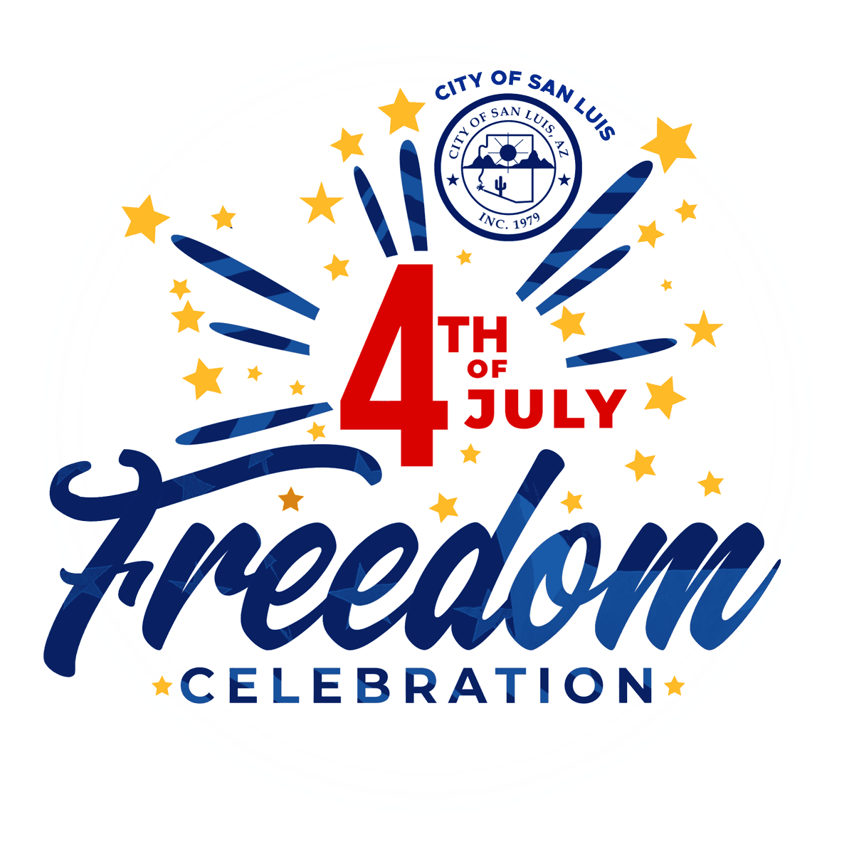 Logo for the 4th of July Freedom Celebration featuring patriotic colors and symbols of independence